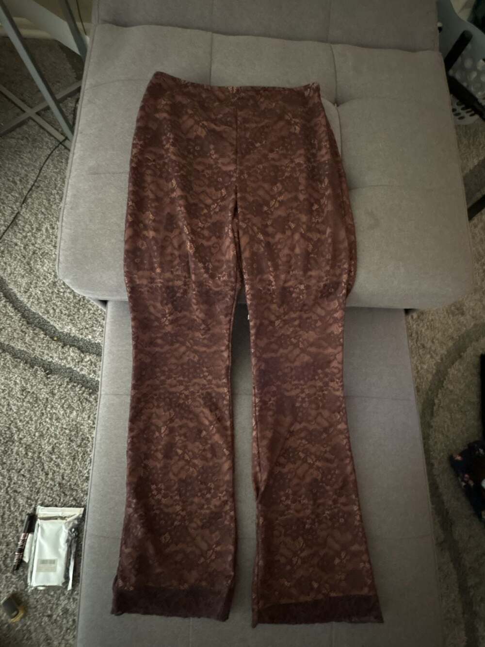 Mistress Rocks Brown Sheer Lace Flare Pants